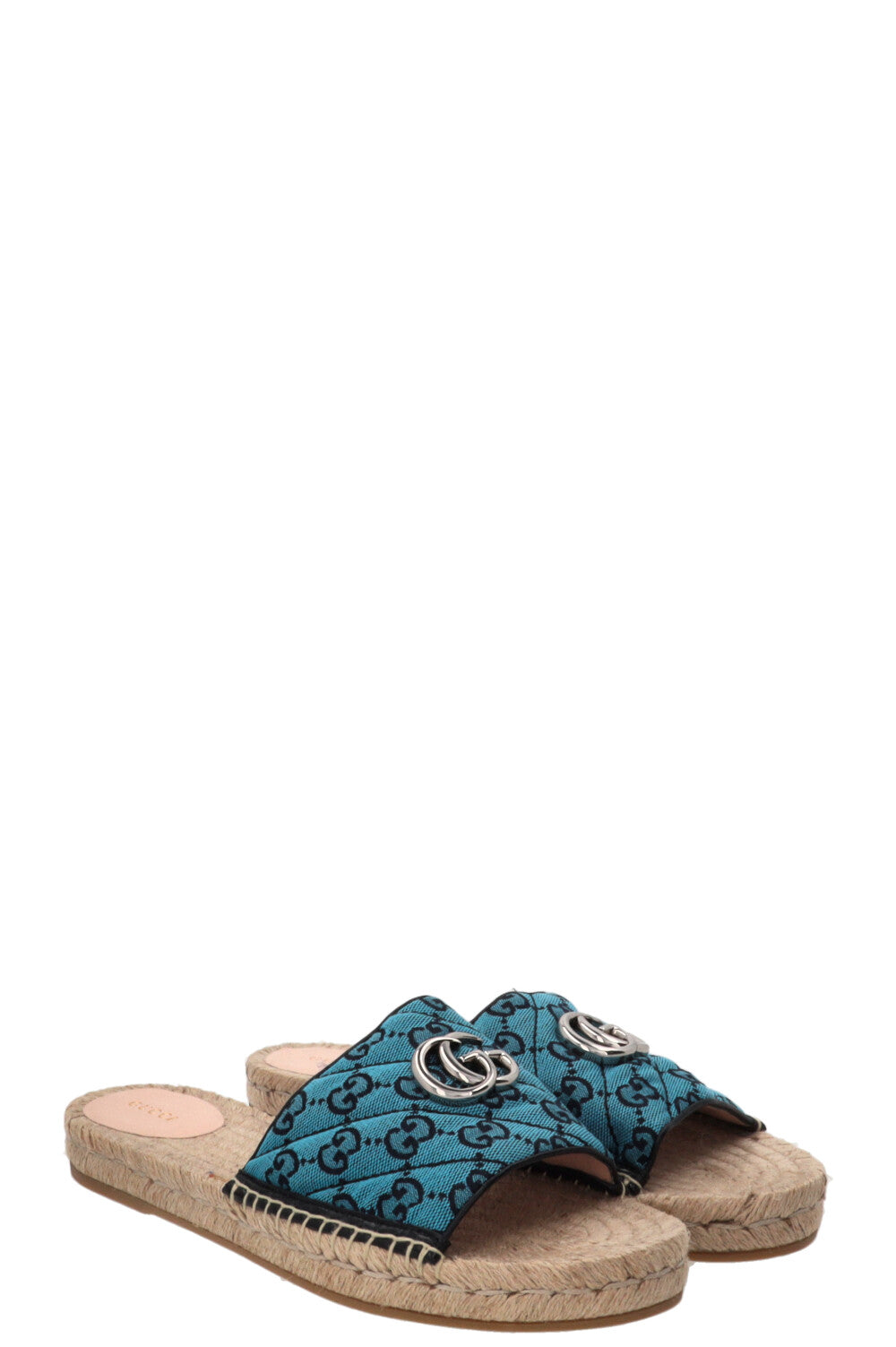 GUCCI Marmont Claquettes GG Toile Suprême Rafia Bleu
