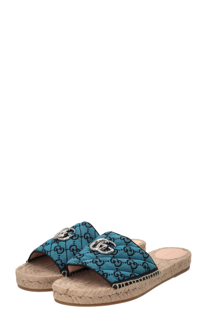 GUCCI Marmont Claquettes GG Toile Suprême Rafia Bleu