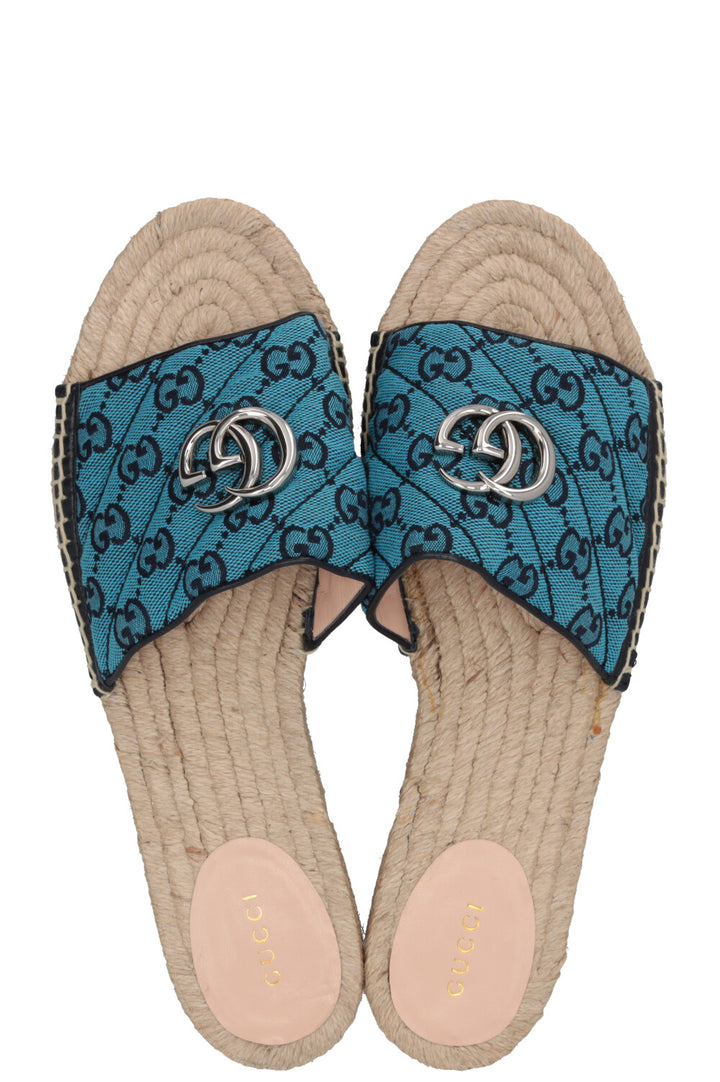 GUCCI Marmont Claquettes GG Toile Suprême Rafia Bleu