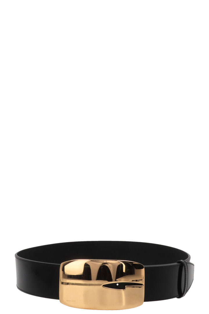 GUCCI Ceinture rectangulaire en cuir verni doré à logo G