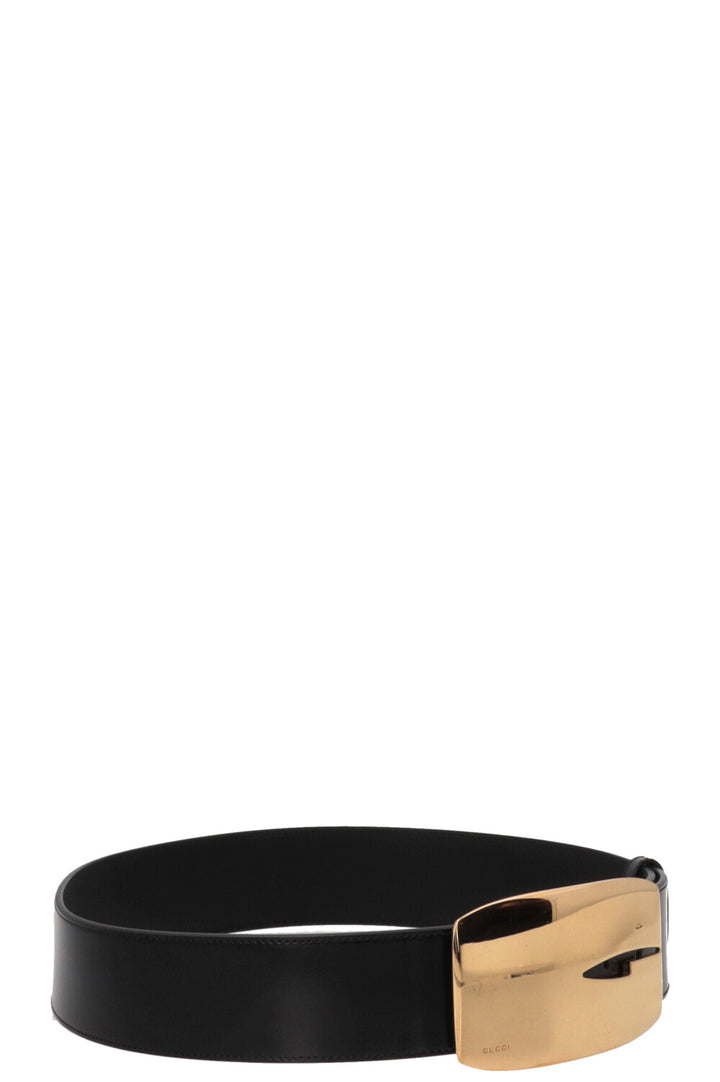 GUCCI Ceinture rectangulaire en cuir verni doré à logo G