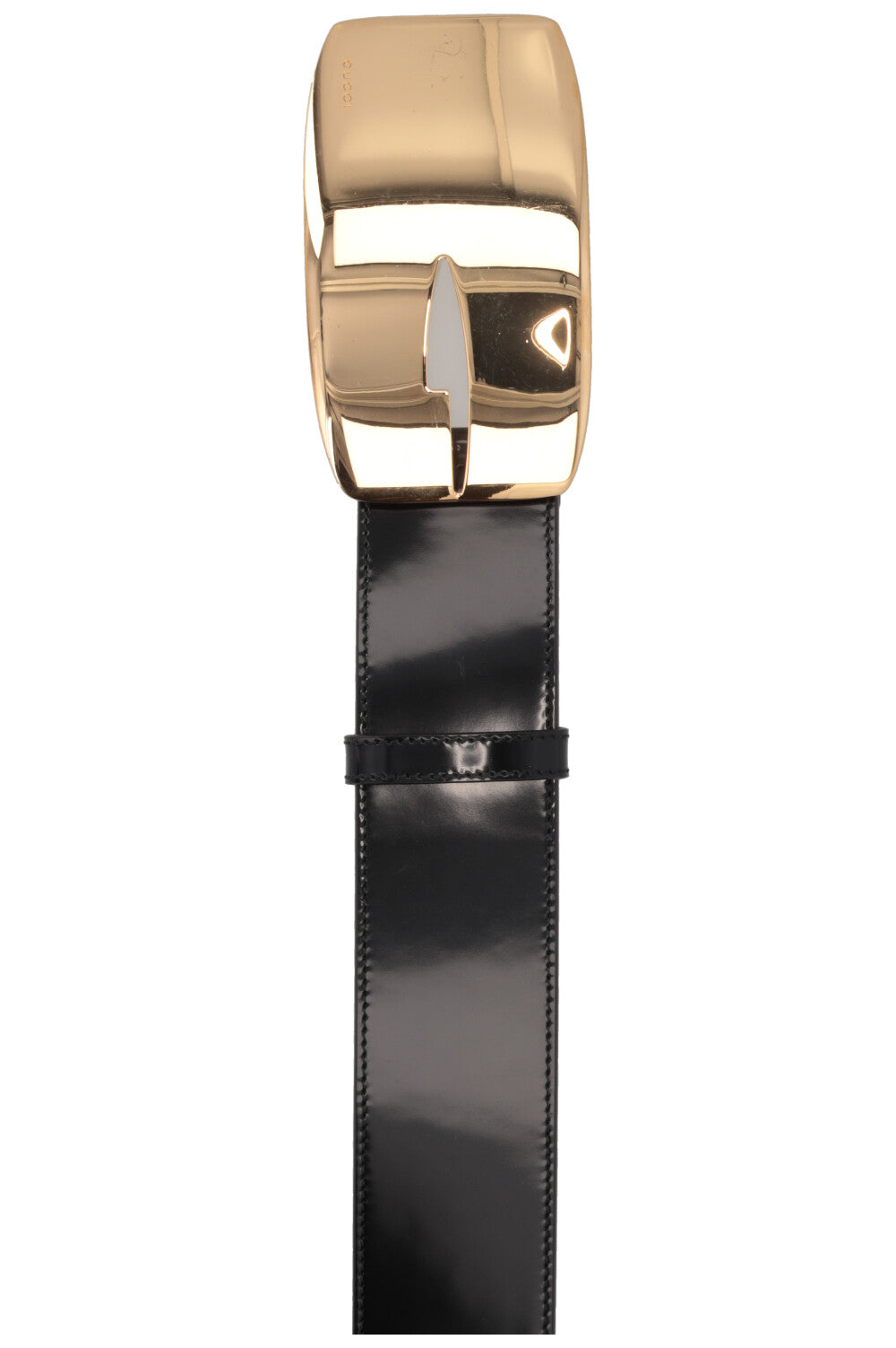 GUCCI Ceinture rectangulaire en cuir verni doré à logo G