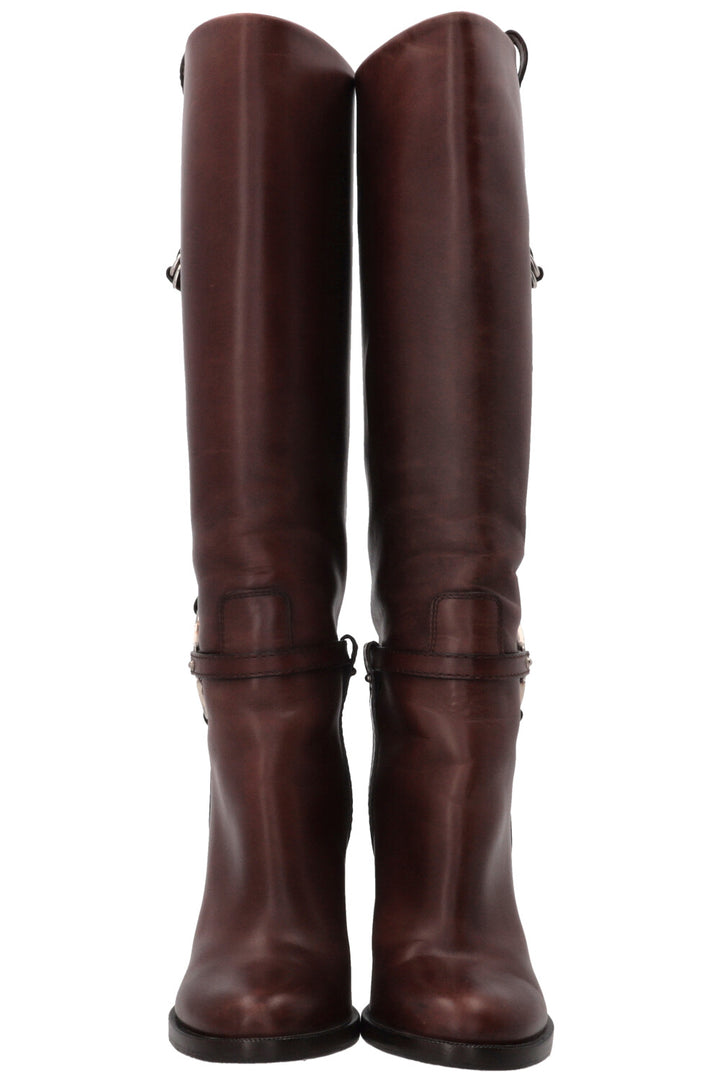 GUCCI Silver G Knee-High Boots Leather Brown