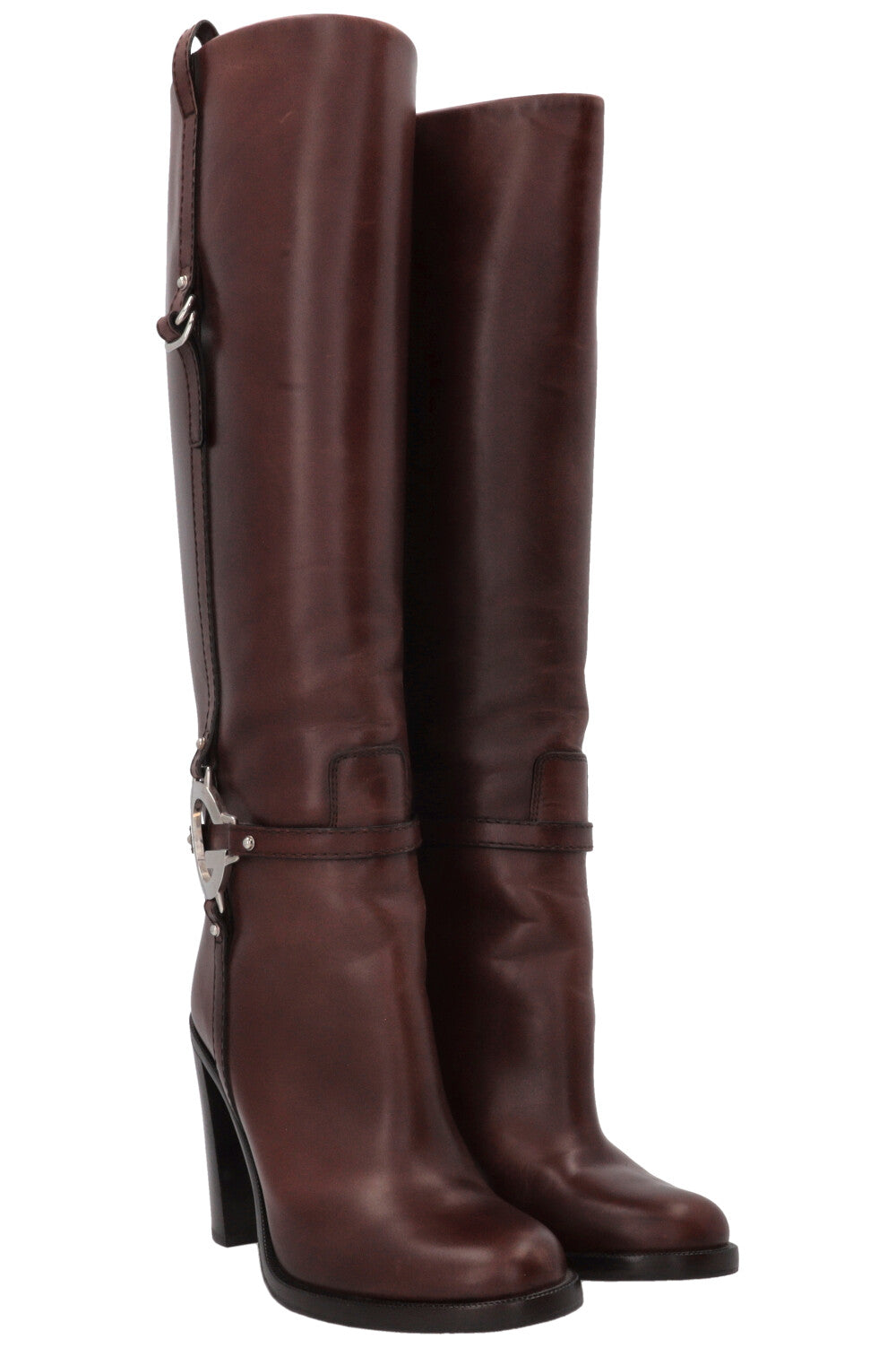 GUCCI Silver G Knee-High Boots Leather Brown