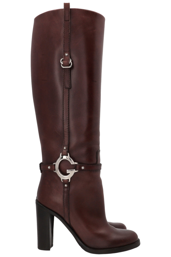 GUCCI Silver G Knee-High Boots Leather Brown