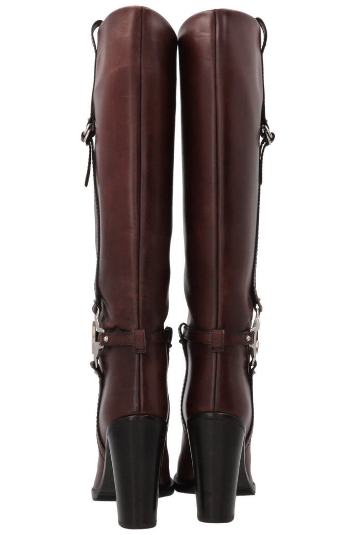 GUCCI Silver G Knee-High Boots Leather Brown