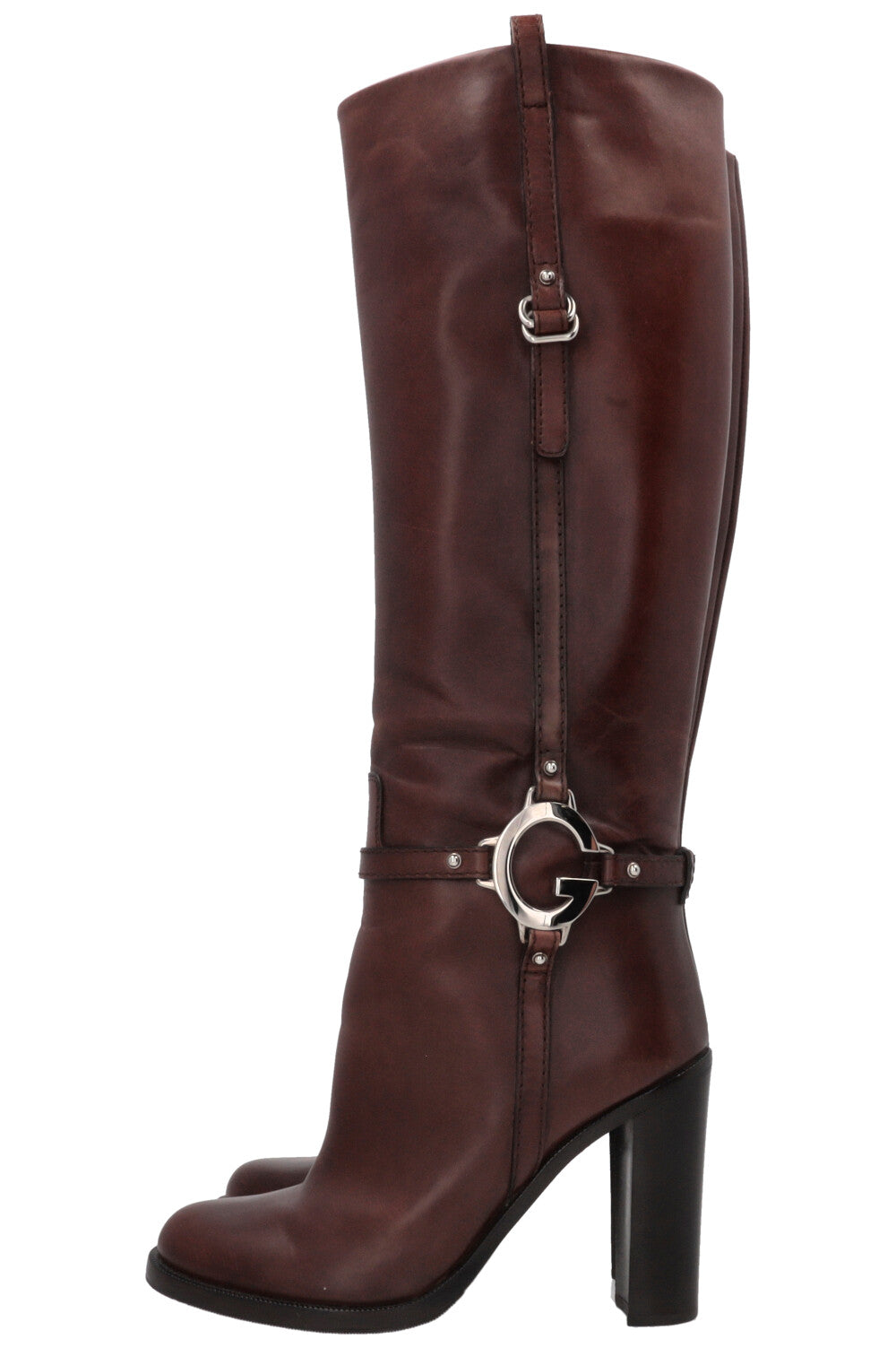 GUCCI Silver G Knee-High Boots Leather Brown