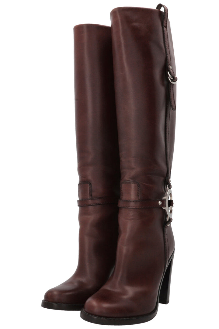 GUCCI Silver G Knee-High Boots Leather Brown