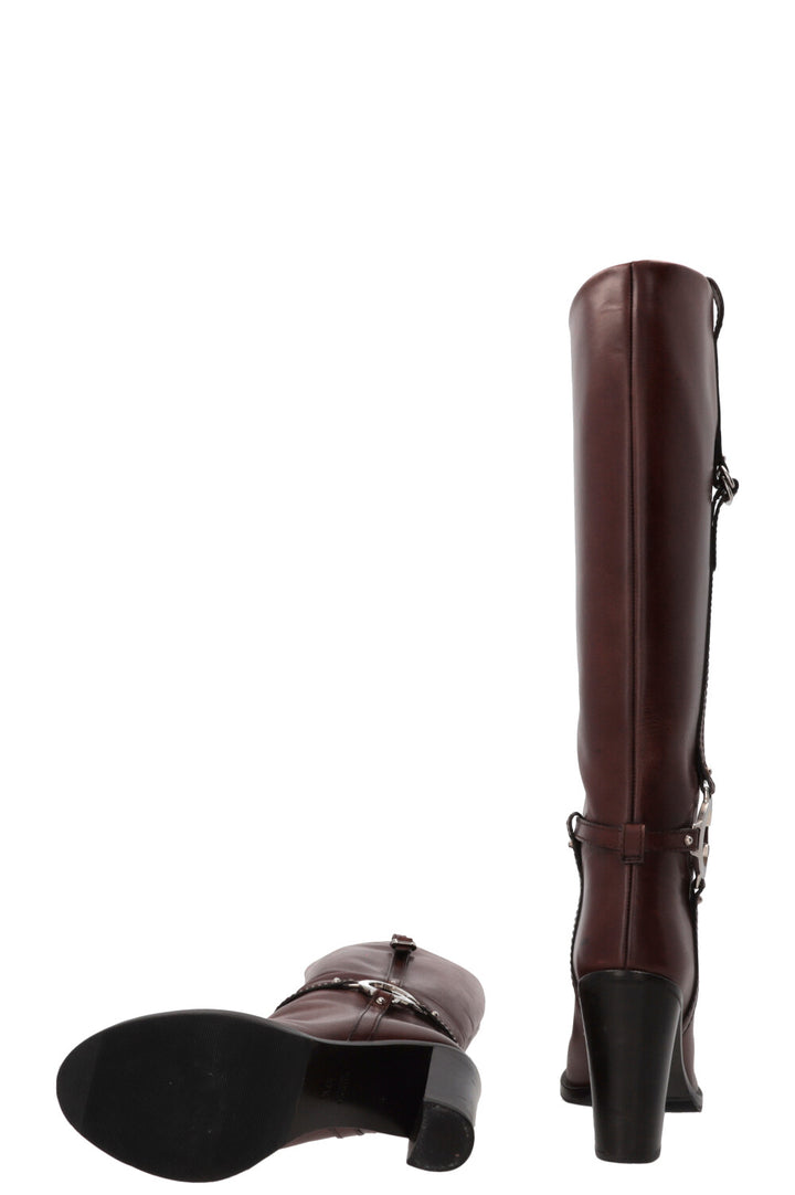 GUCCI Silver G Knee-High Boots Leather Brown