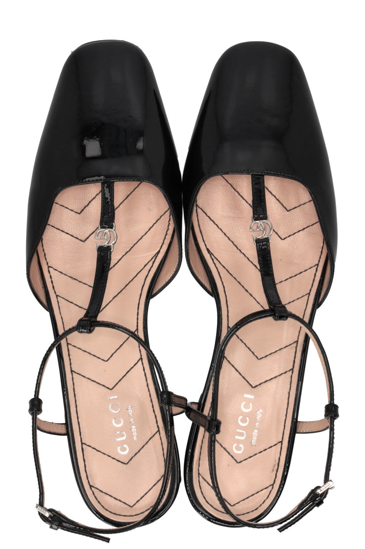 GUCCI Ballerines T-Bar en Cuir Verni Noir