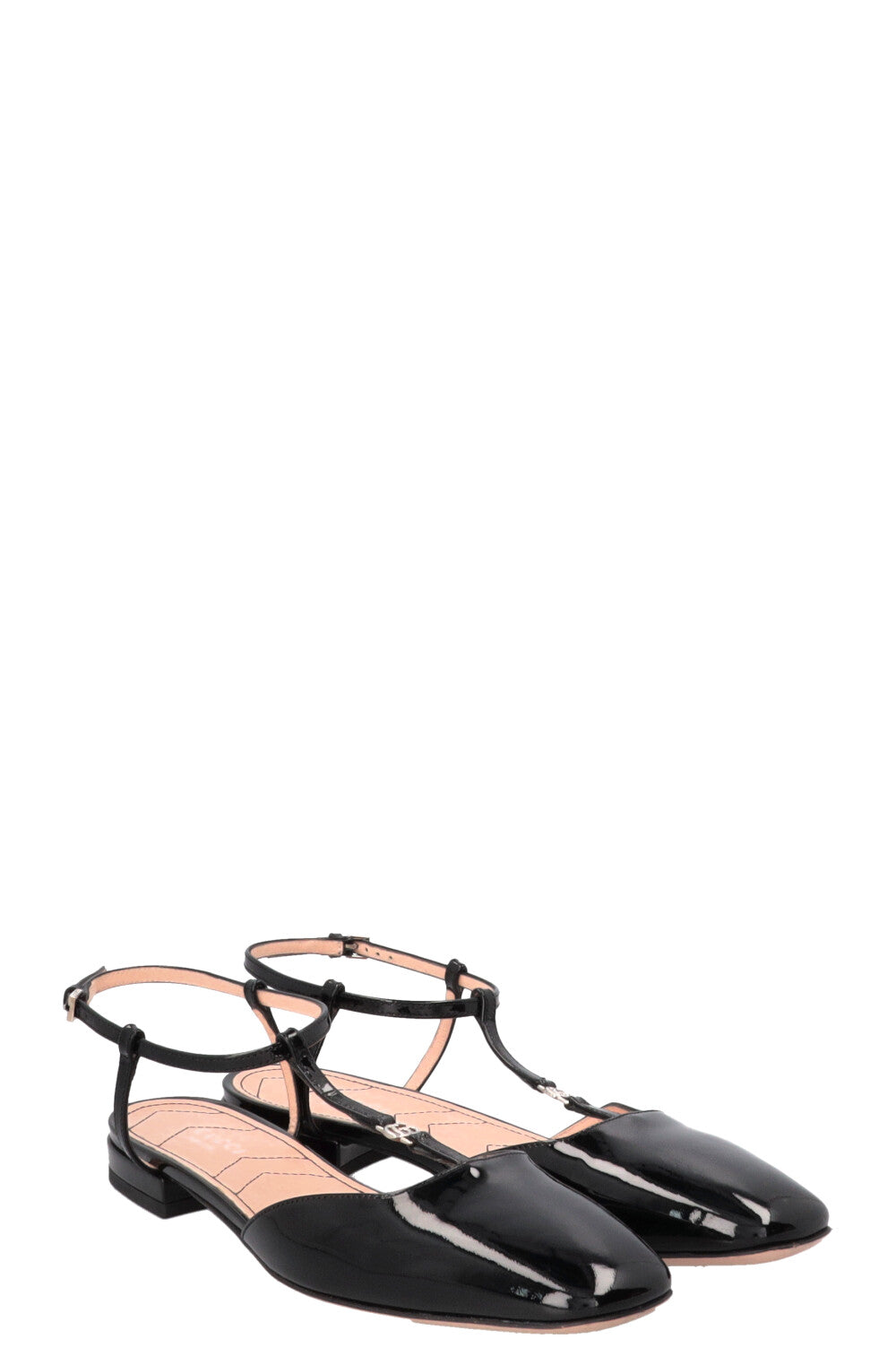 GUCCI Ballerines T-Bar en Cuir Verni Noir