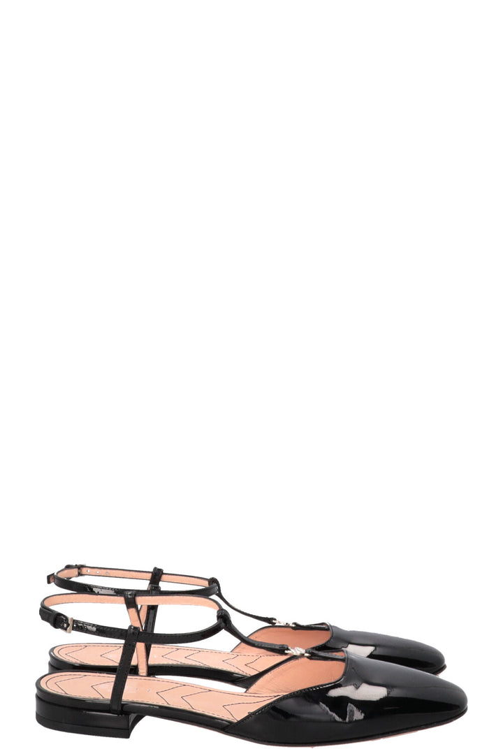 GUCCI Ballerines T-Bar en Cuir Verni Noir
