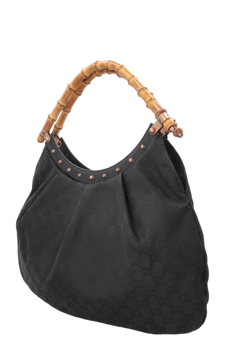 GUCCI Vintage Bamboo Handle Hobo Bag Canvas Black