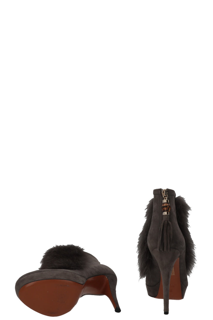 GUCCI Bamboo Ankle Boots Fur Suede Grey