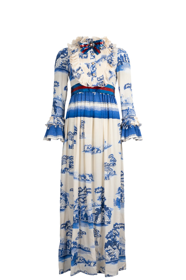 GUCCI Porcelain Garden Printed Ruffled Gown In Ivory And Blue