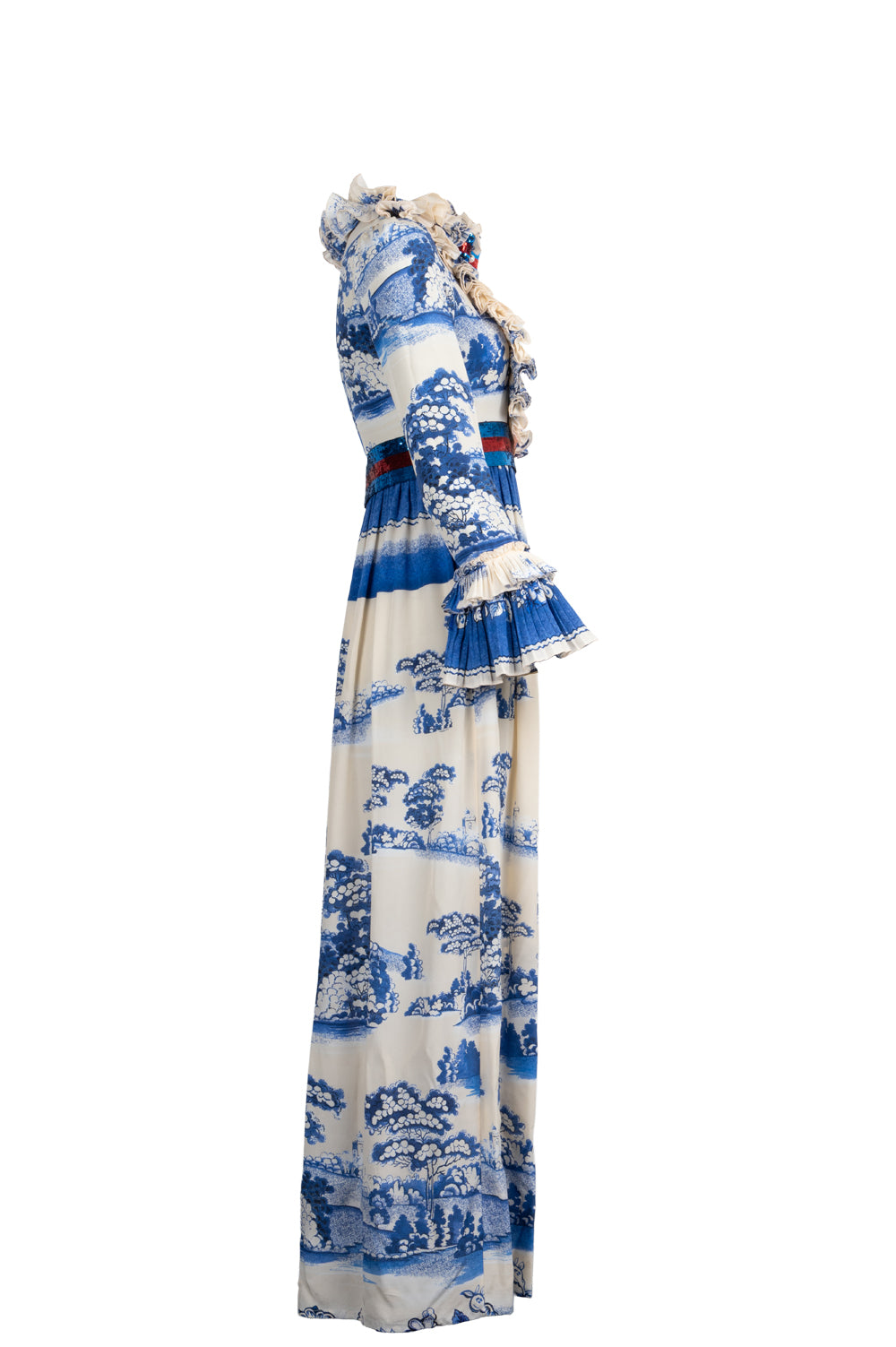 GUCCI Porcelain Garden Printed Ruffled Gown In Ivory And Blue – REAWAKE