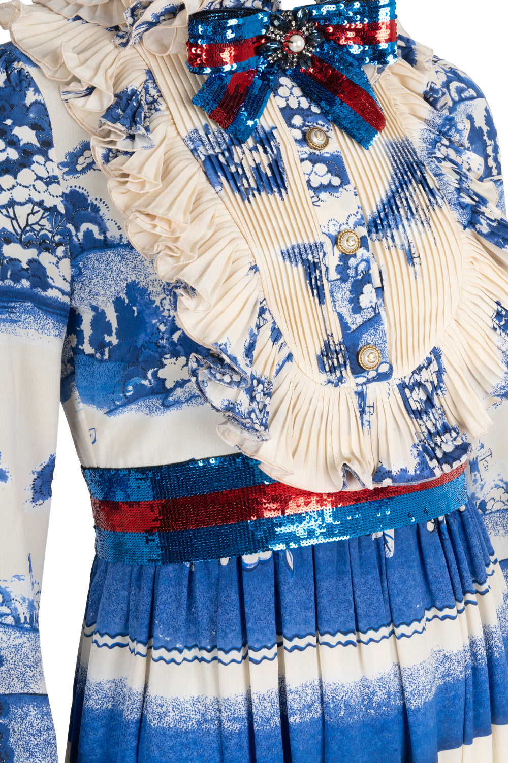 GUCCI Porcelain Garden Printed Ruffled Gown In Ivory And Blue – REAWAKE