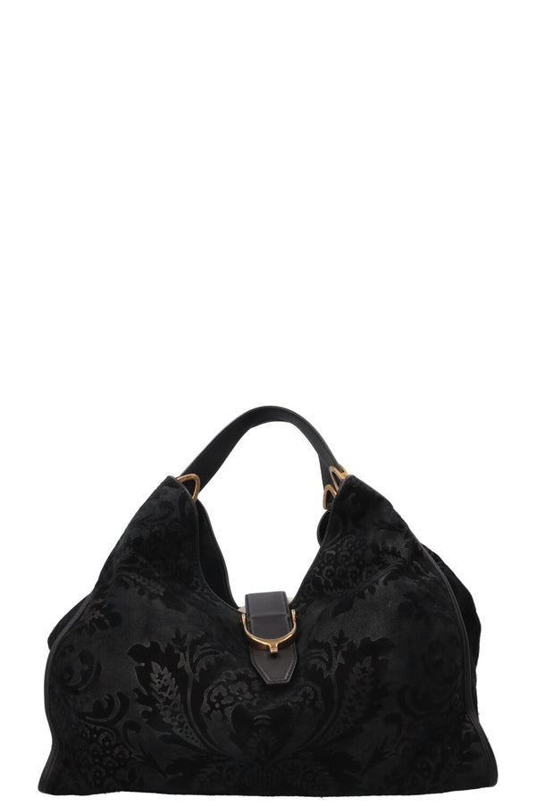 GUCCI Stirrup Brocade Shoulder Bag Suede Black