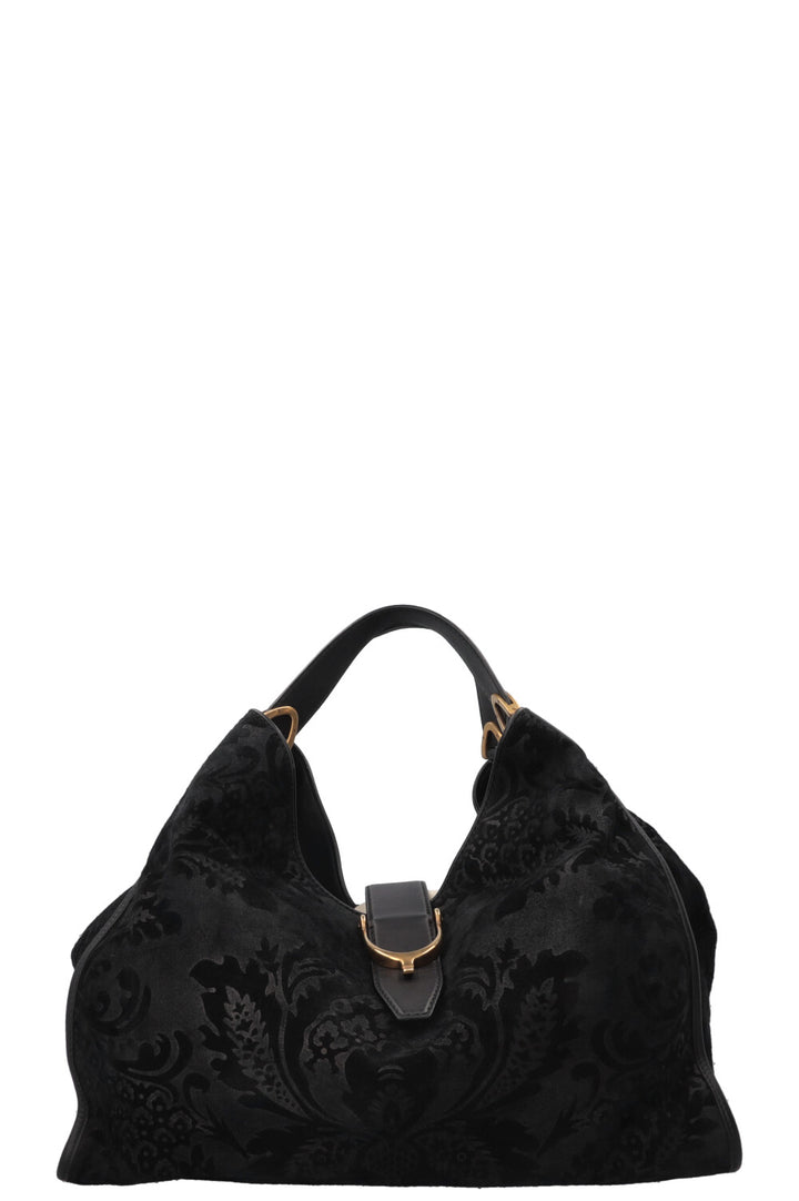 GUCCI Stirrup Brocade Shoulder Bag Suede Black