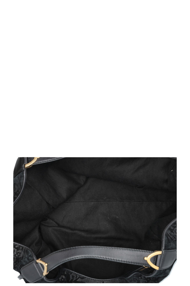 GUCCI Stirrup Brocade Shoulder Bag Suede Black