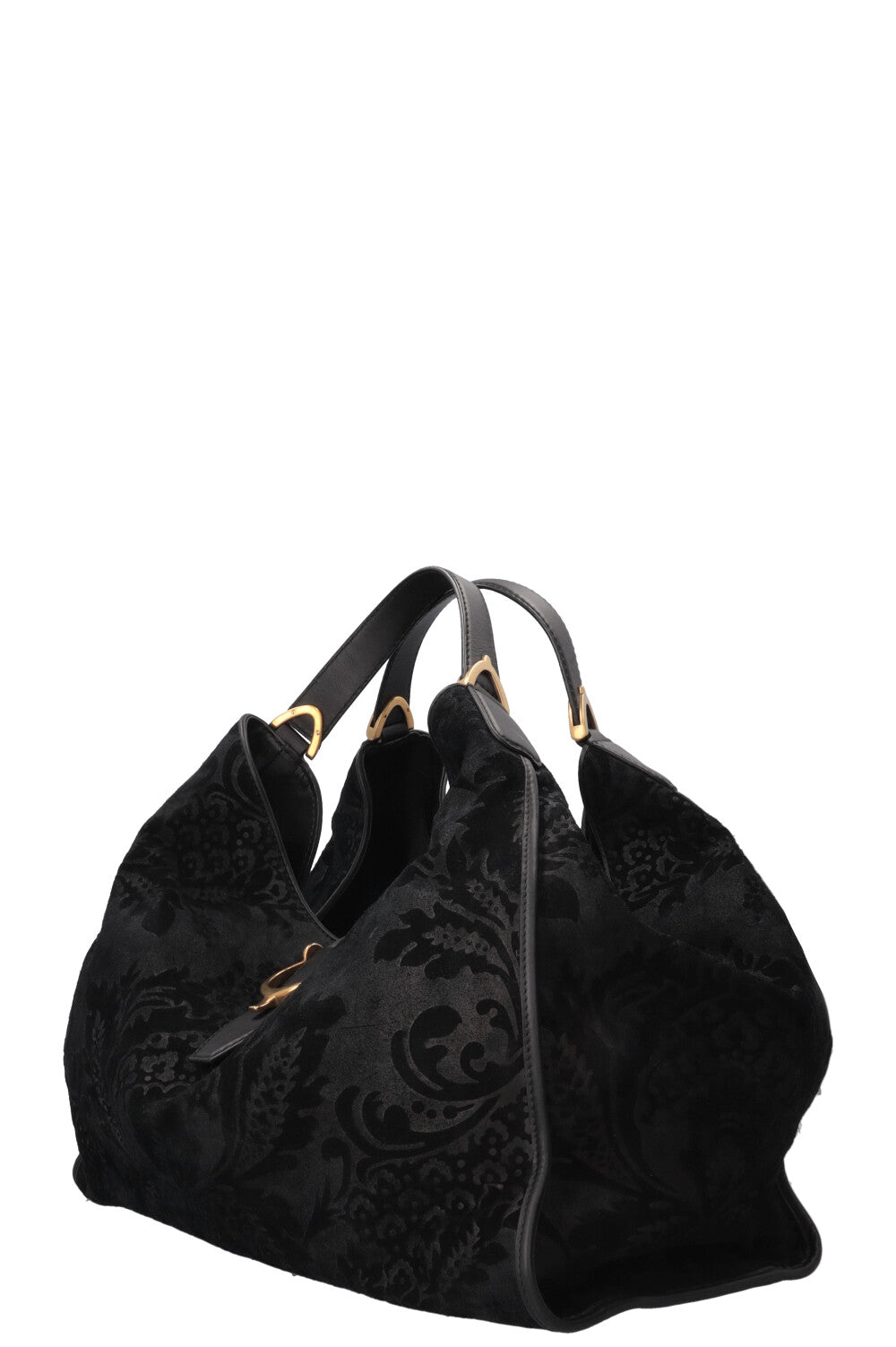 GUCCI Stirrup Brocade Shoulder Bag Suede Black