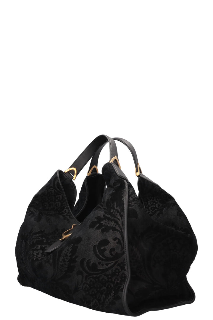GUCCI Stirrup Brocade Shoulder Bag Suede Black