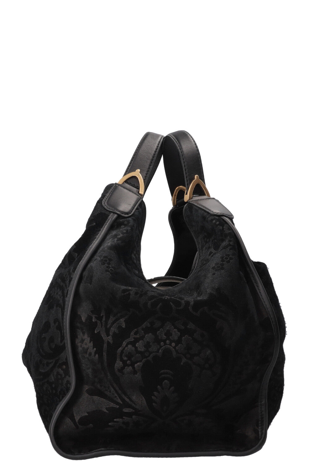 GUCCI Stirrup Brocade Shoulder Bag Suede Black