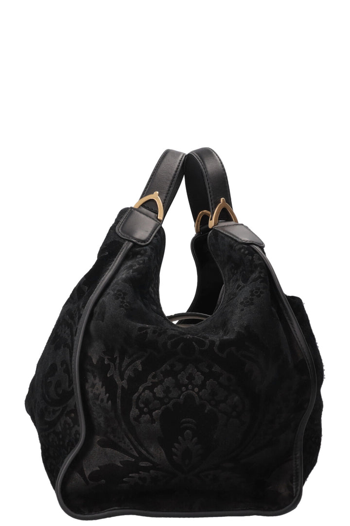 GUCCI Stirrup Brocade Shoulder Bag Suede Black