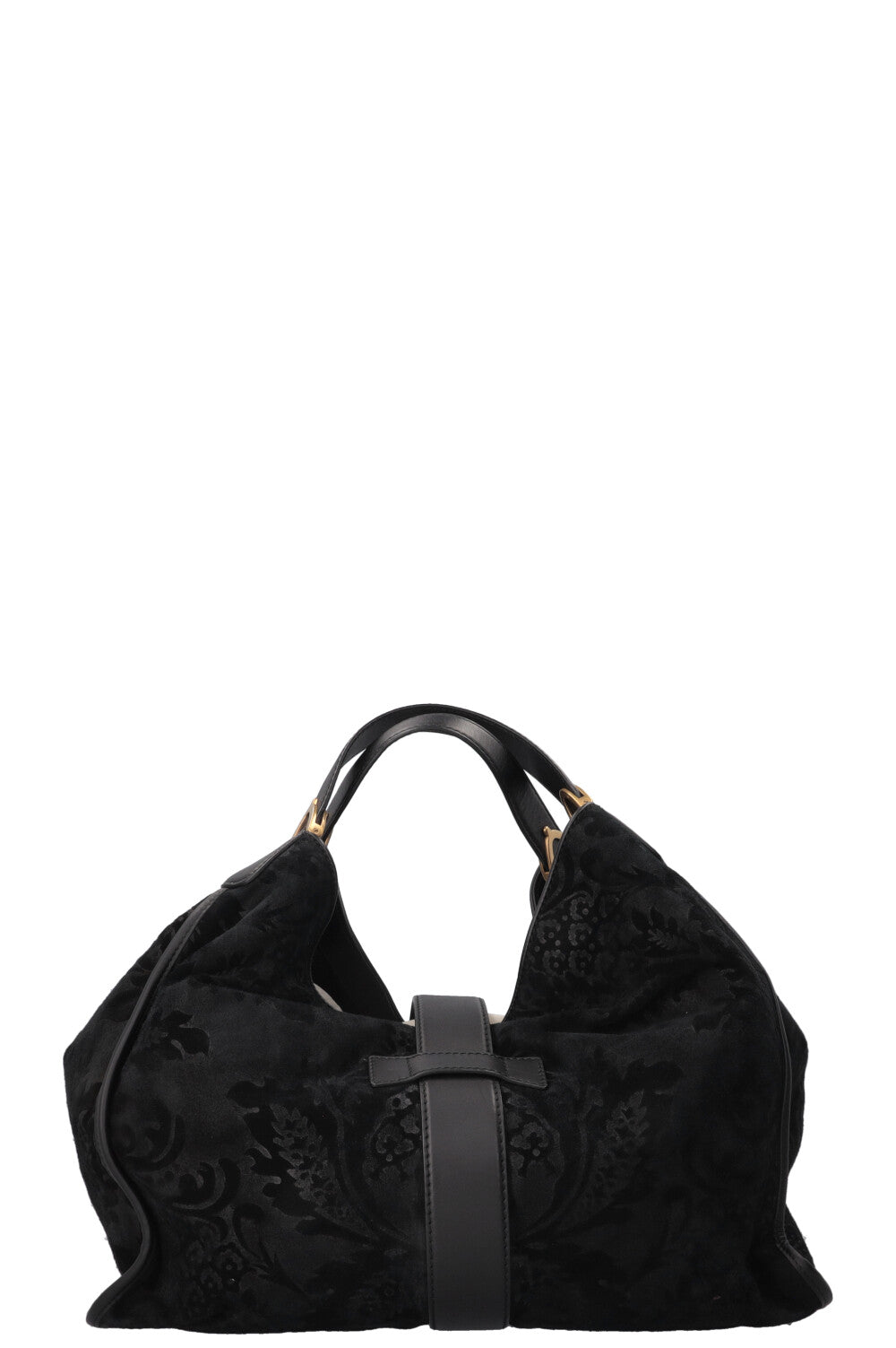 GUCCI Stirrup Brocade Shoulder Bag Suede Black