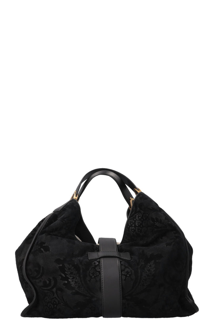 GUCCI Stirrup Brocade Shoulder Bag Suede Black
