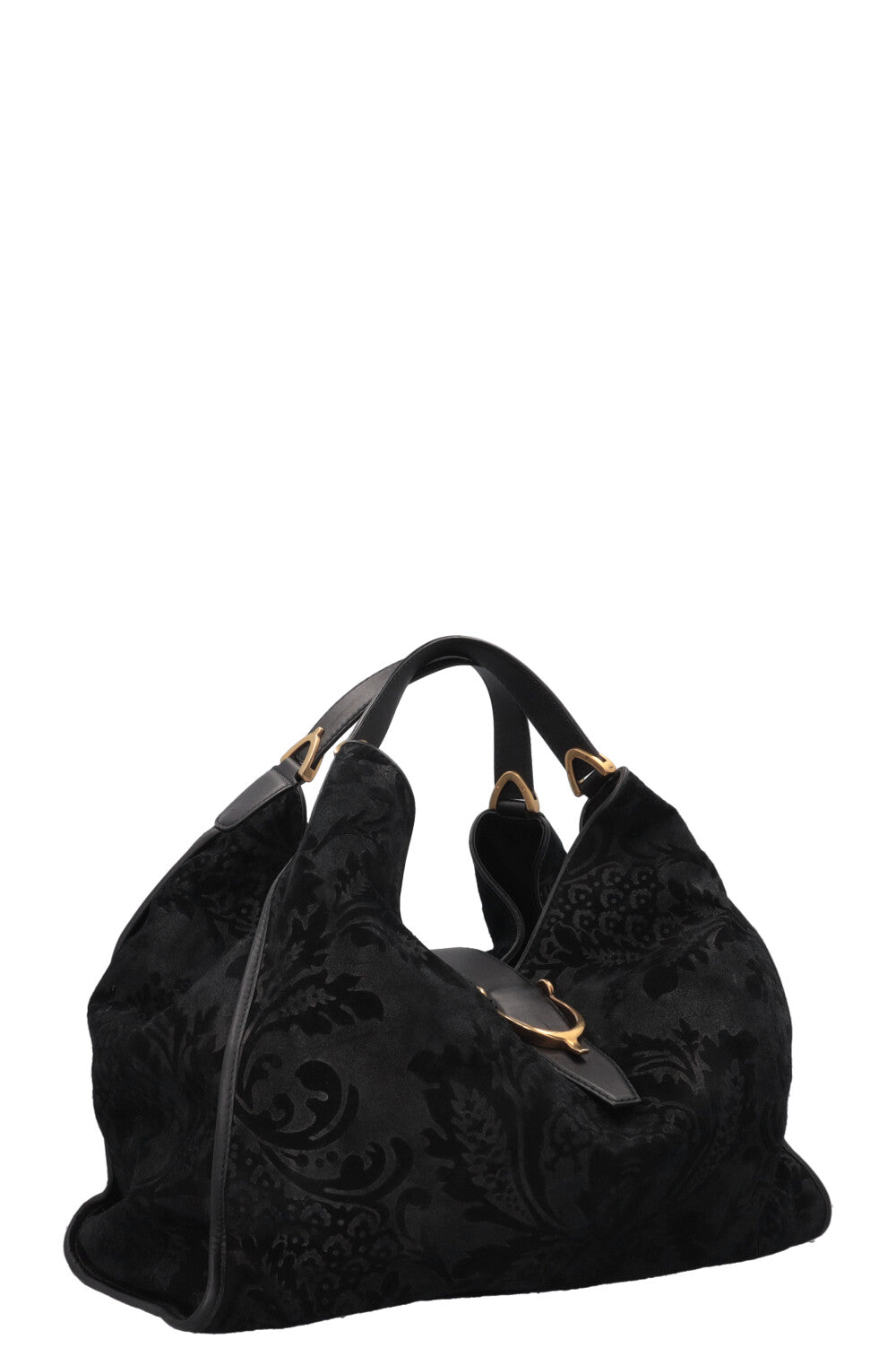 GUCCI Stirrup Brocade Shoulder Bag Suede Black