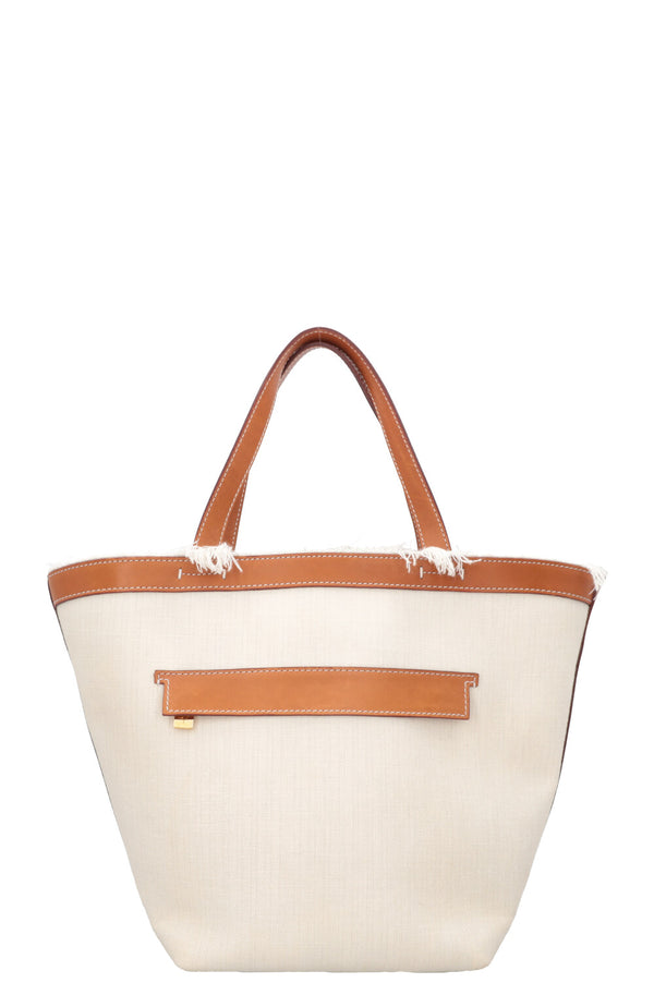LORO PIANA Tote Bag Fringe Detail Leather Canvas Beige