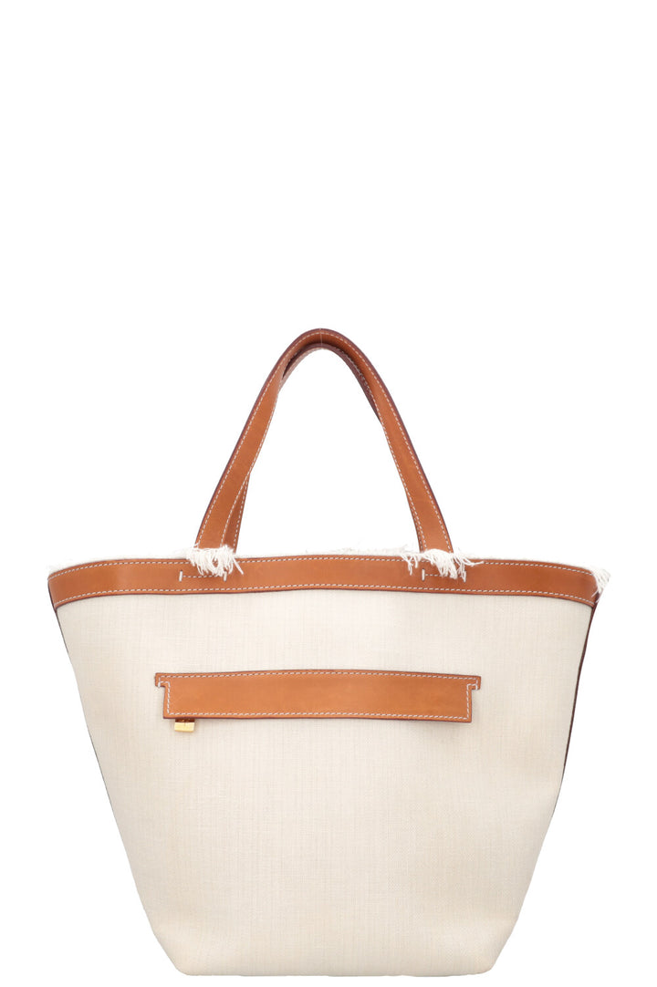 LORO PIANA Tote Bag Fringe Detail Leather Canvas Beige