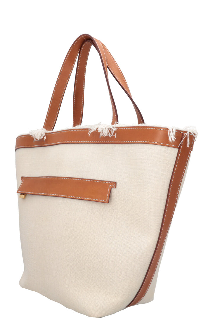 LORO PIANA Tote Bag Fringe Detail Leather Canvas Beige