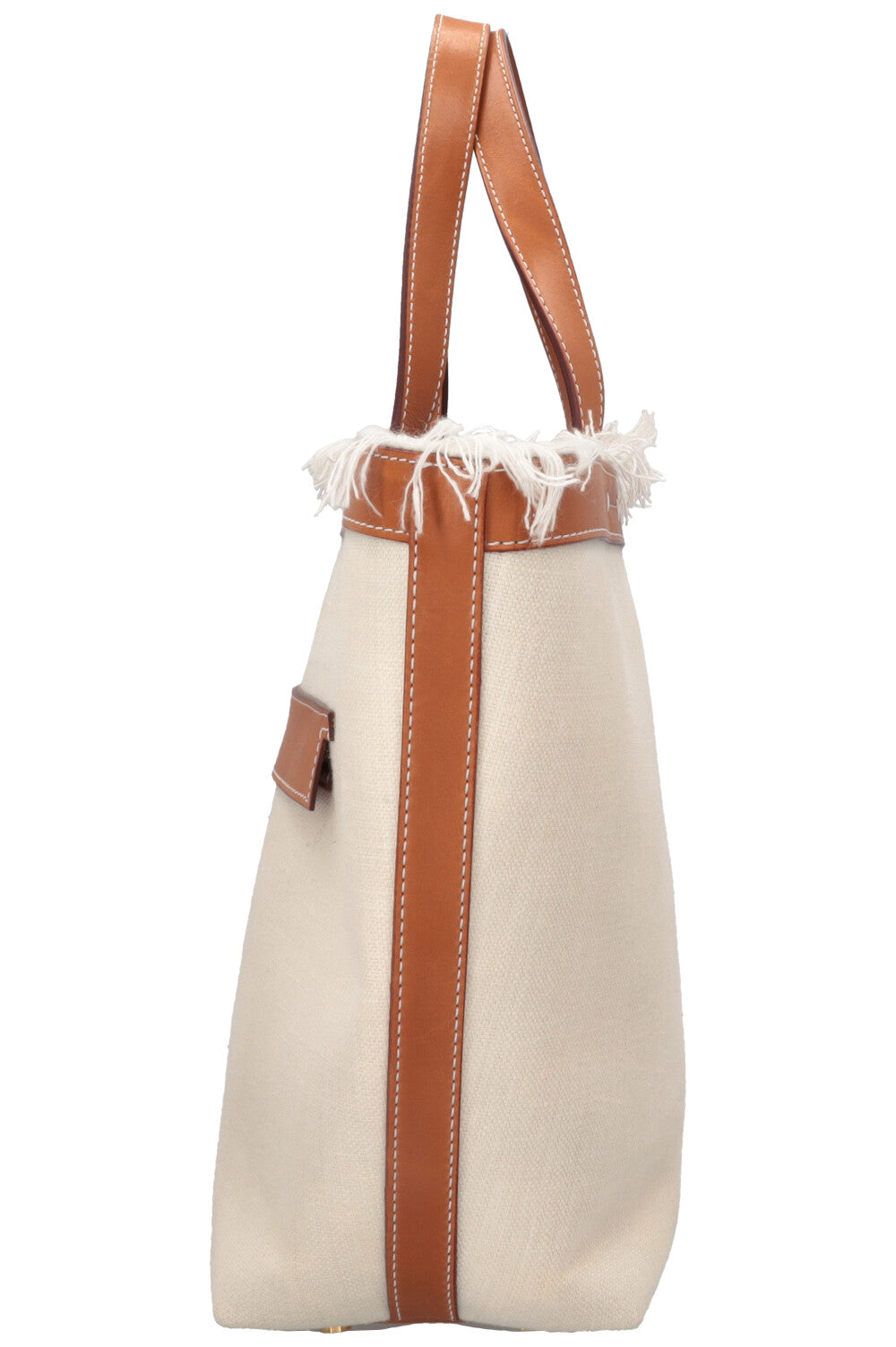 LORO PIANA Tote Bag Fringe Detail Leather Canvas Beige