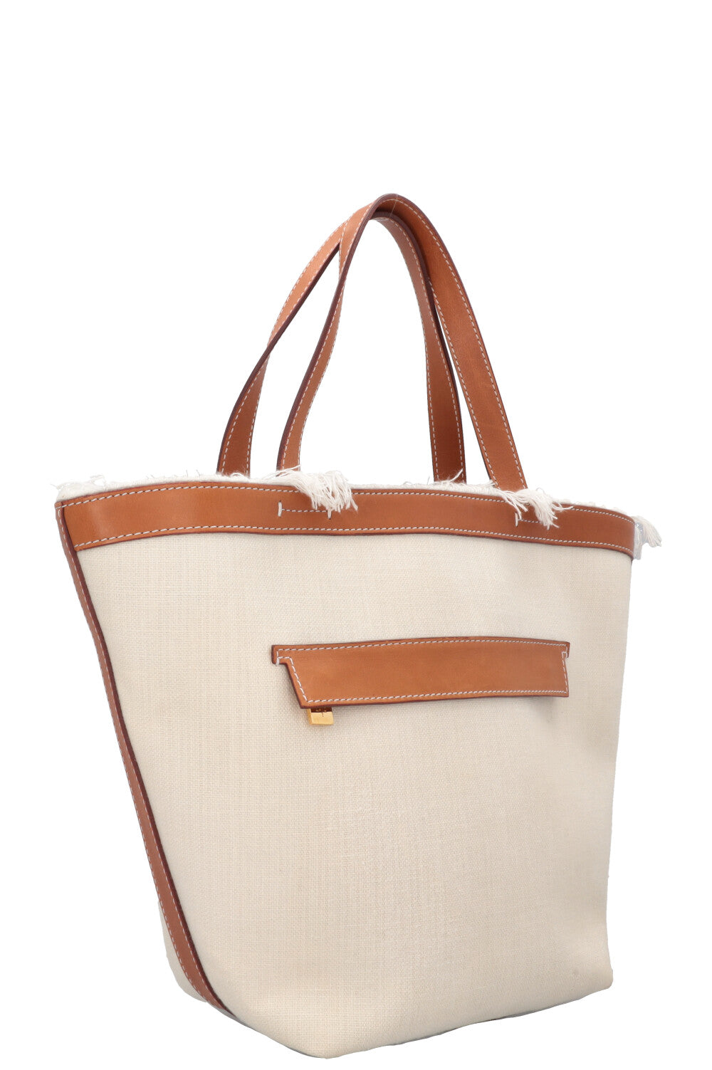 LORO PIANA Tote Bag Fringe Detail Leather Canvas Beige