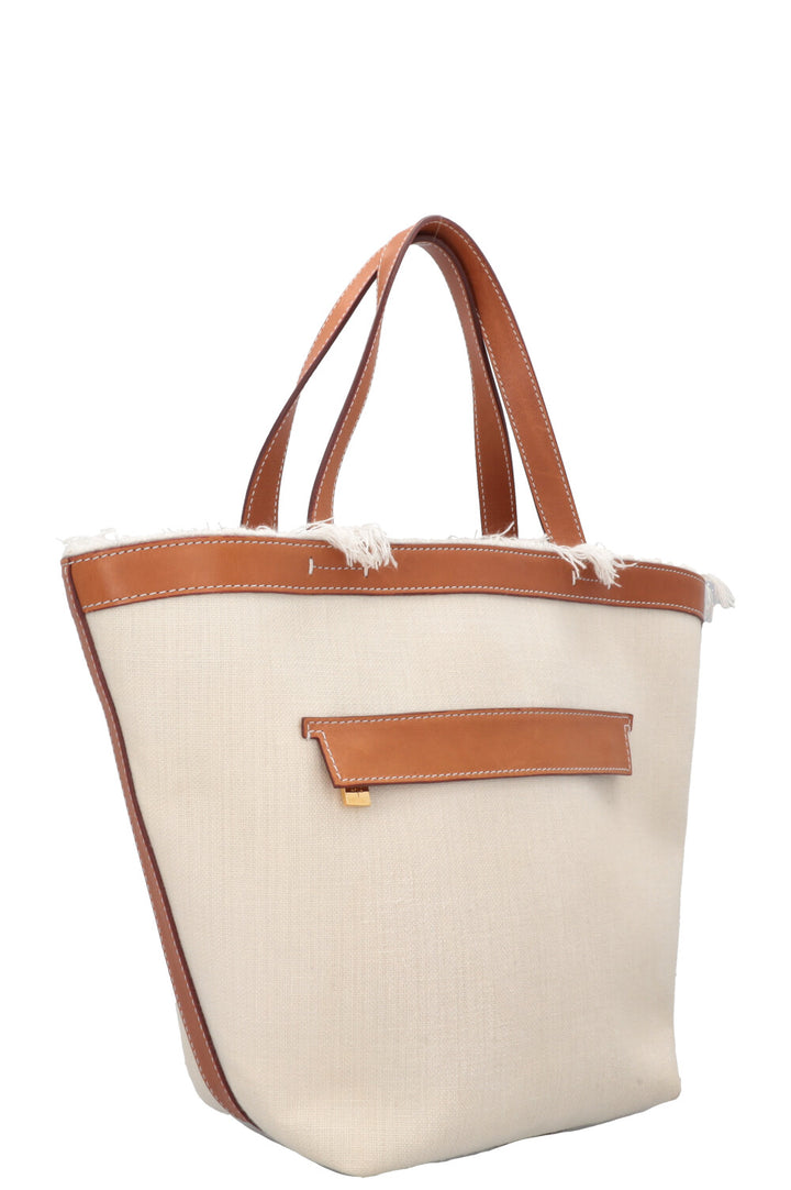 LORO PIANA Tote Bag Fringe Detail Leather Canvas Beige