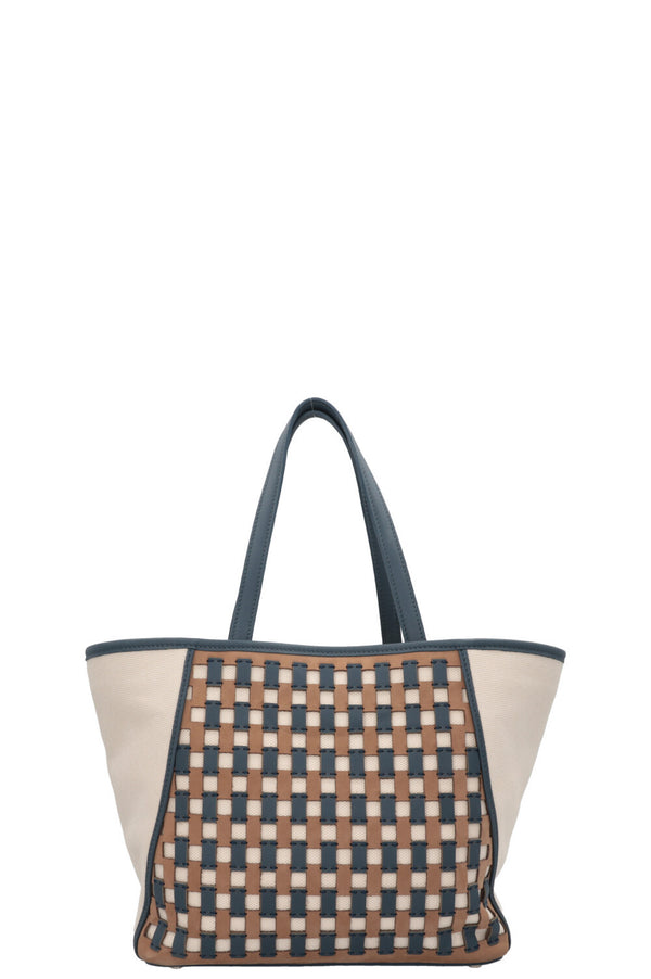 LORO PIANA Tote Bag Leather Detail Canvas Blue Ecru