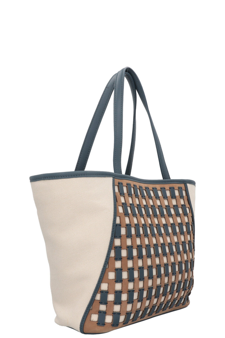 LORO PIANA Tote Bag Leather Detail Canvas Blue Ecru
