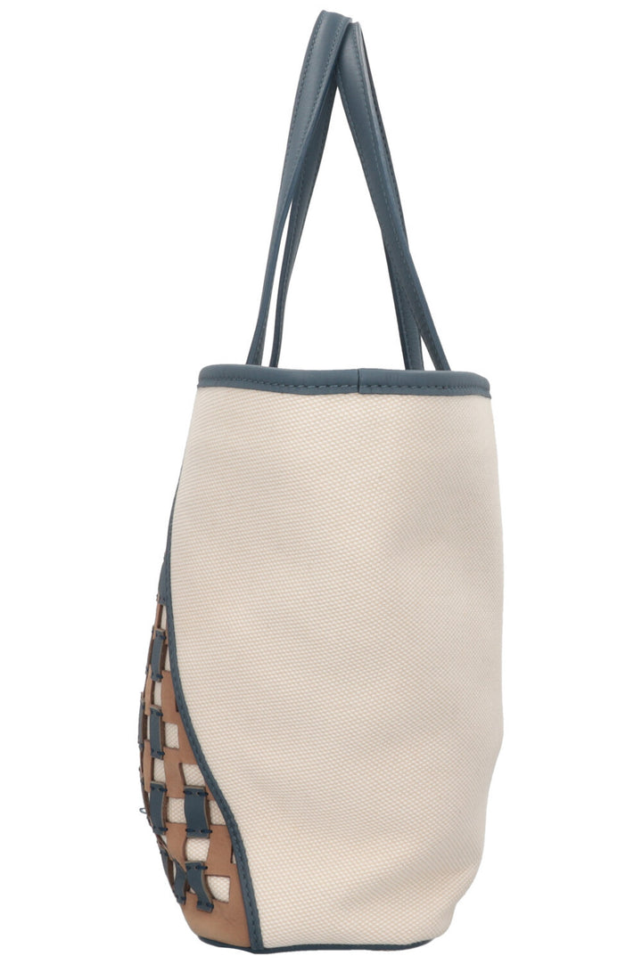 LORO PIANA Tote Bag Leather Detail Canvas Blue Ecru