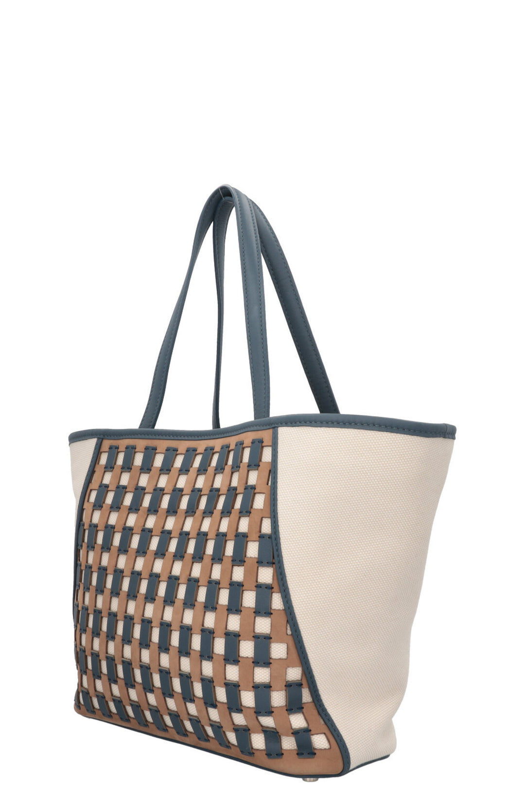 LORO PIANA Tote Bag Leather Detail Canvas Blue Ecru