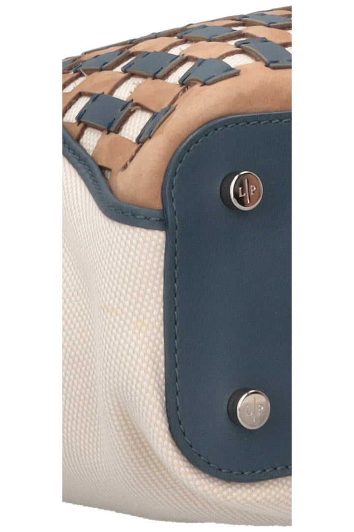 LORO PIANA Tote Bag Leather Detail Canvas Blue Ecru