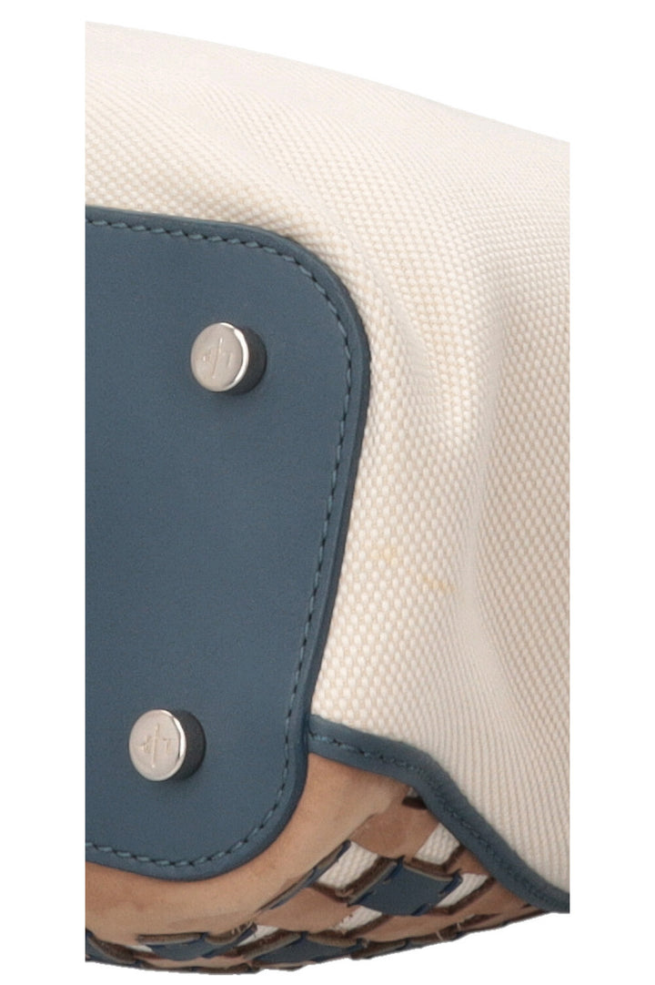 LORO PIANA Tote Bag Leather Detail Canvas Blue Ecru
