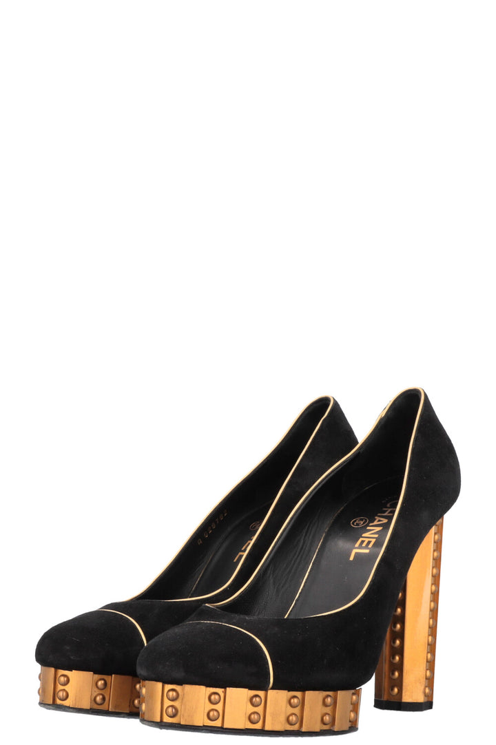 CHANEL Platform Gold Trim Suede Pumps Black