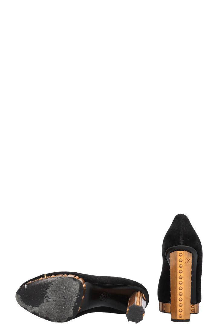 CHANEL Platform Gold Trim Suede Pumps Black