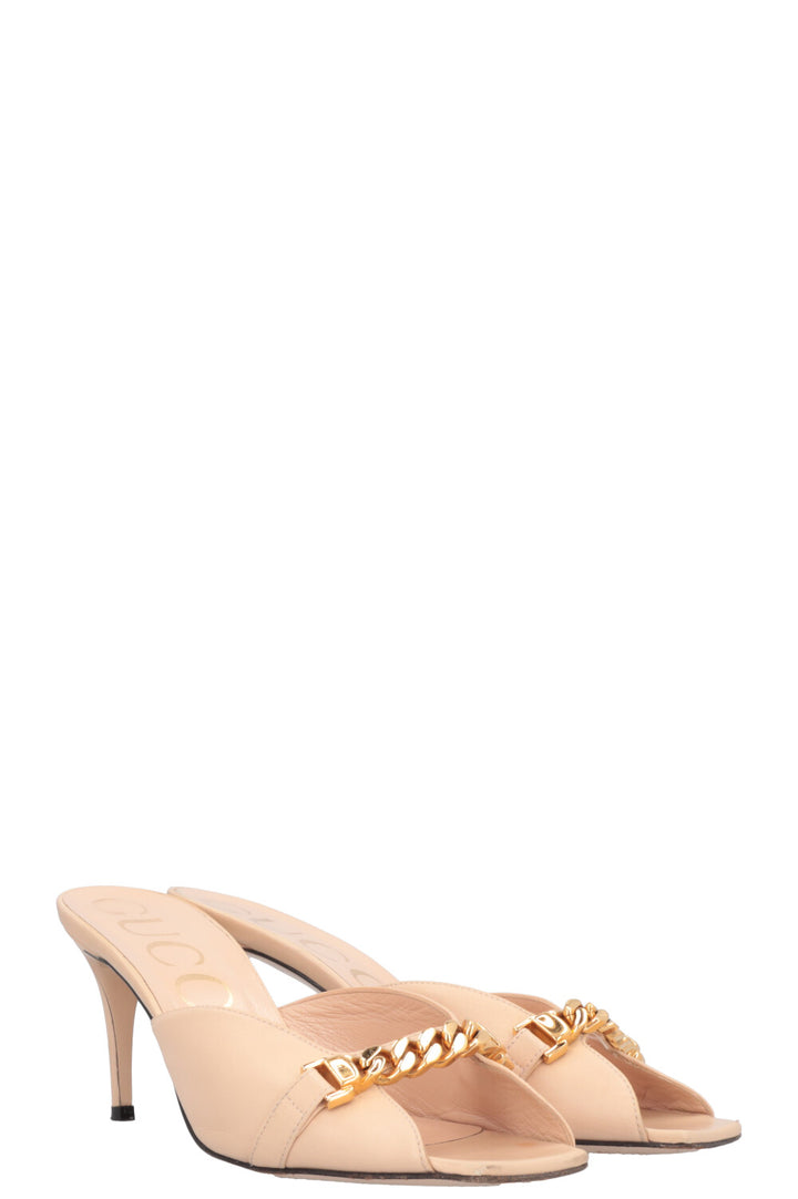 GUCCI Chain Mules Leather Beige Gold