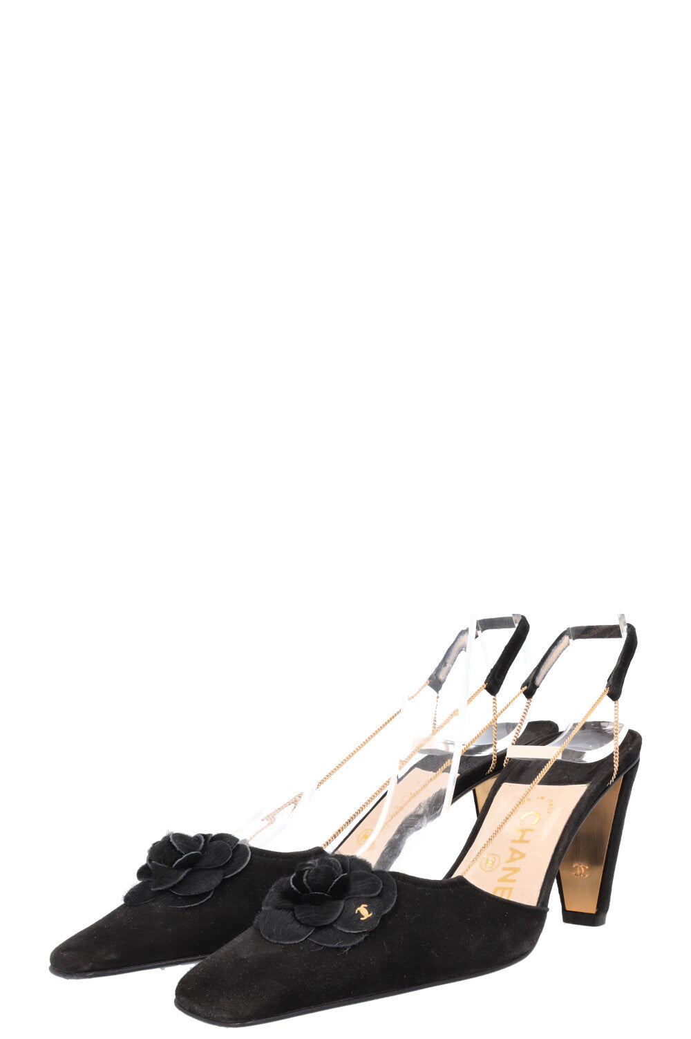 CHANEL Chain Slingback Camellia Heels Black