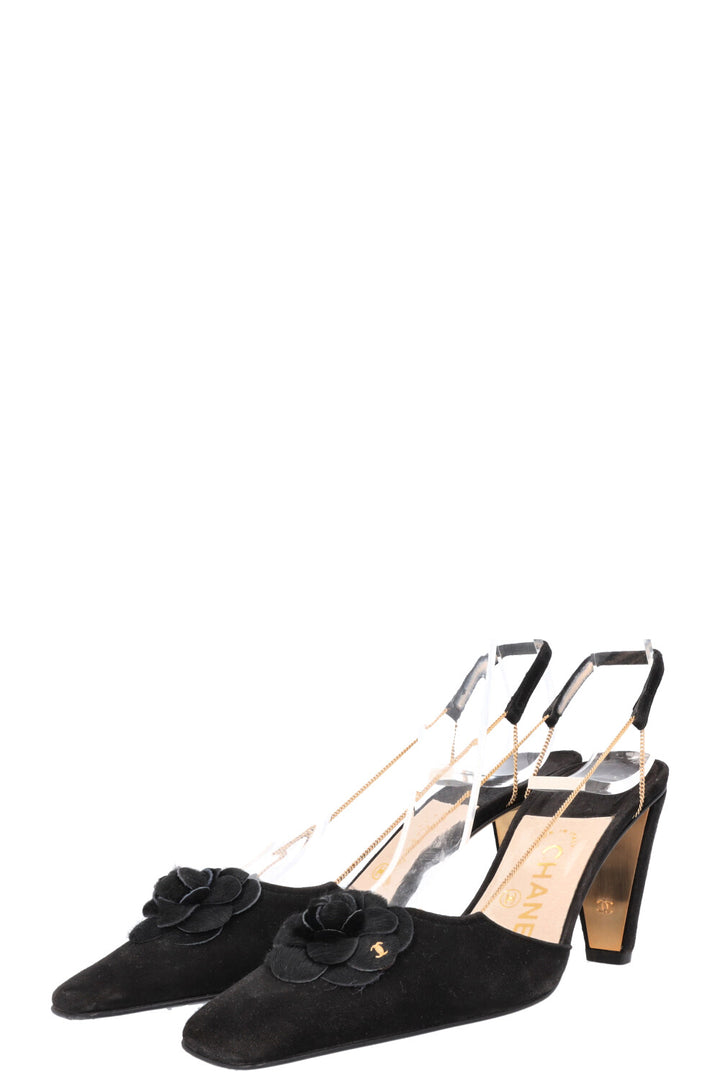 CHANEL Chain Slingback Camellia Heels Black