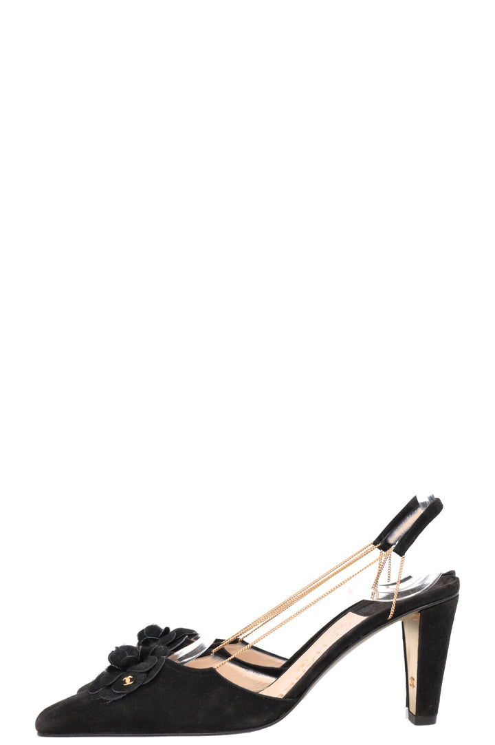 CHANEL Chain Slingback Camellia Heels Black