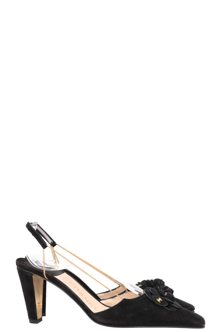 CHANEL Chain Slingback Camellia Heels Black